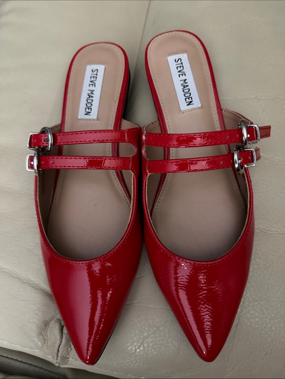 Steve Madden Red Patent Pointed-Toe Double Strap Mules, size 8